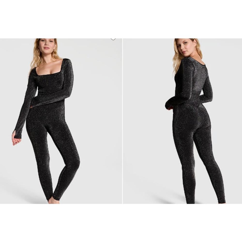 Victoria Secret Long-Sleeve Square Neck onsie jumpsuit Pure Black Blind XXL NWT